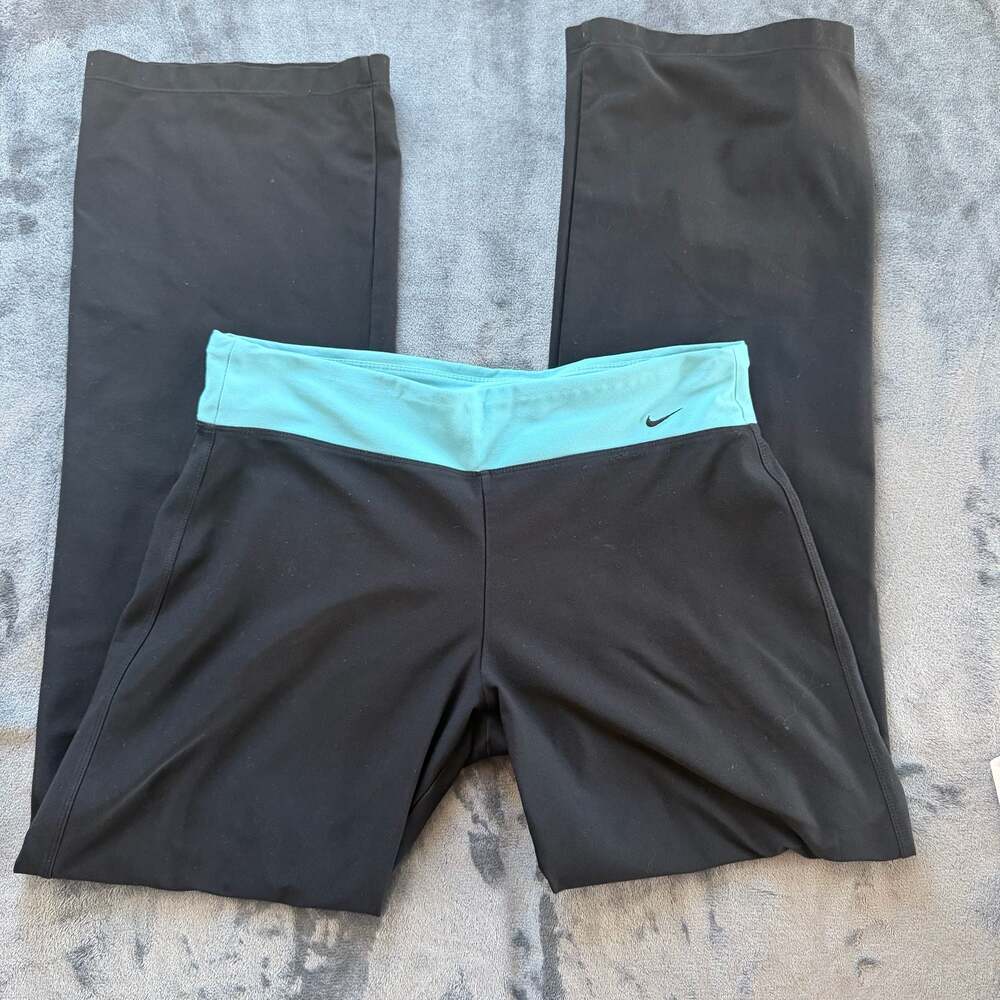 Nike Dri-FIT Women's Straight Leg Yoga Pants Black Teal Waistband Size M (8-10)